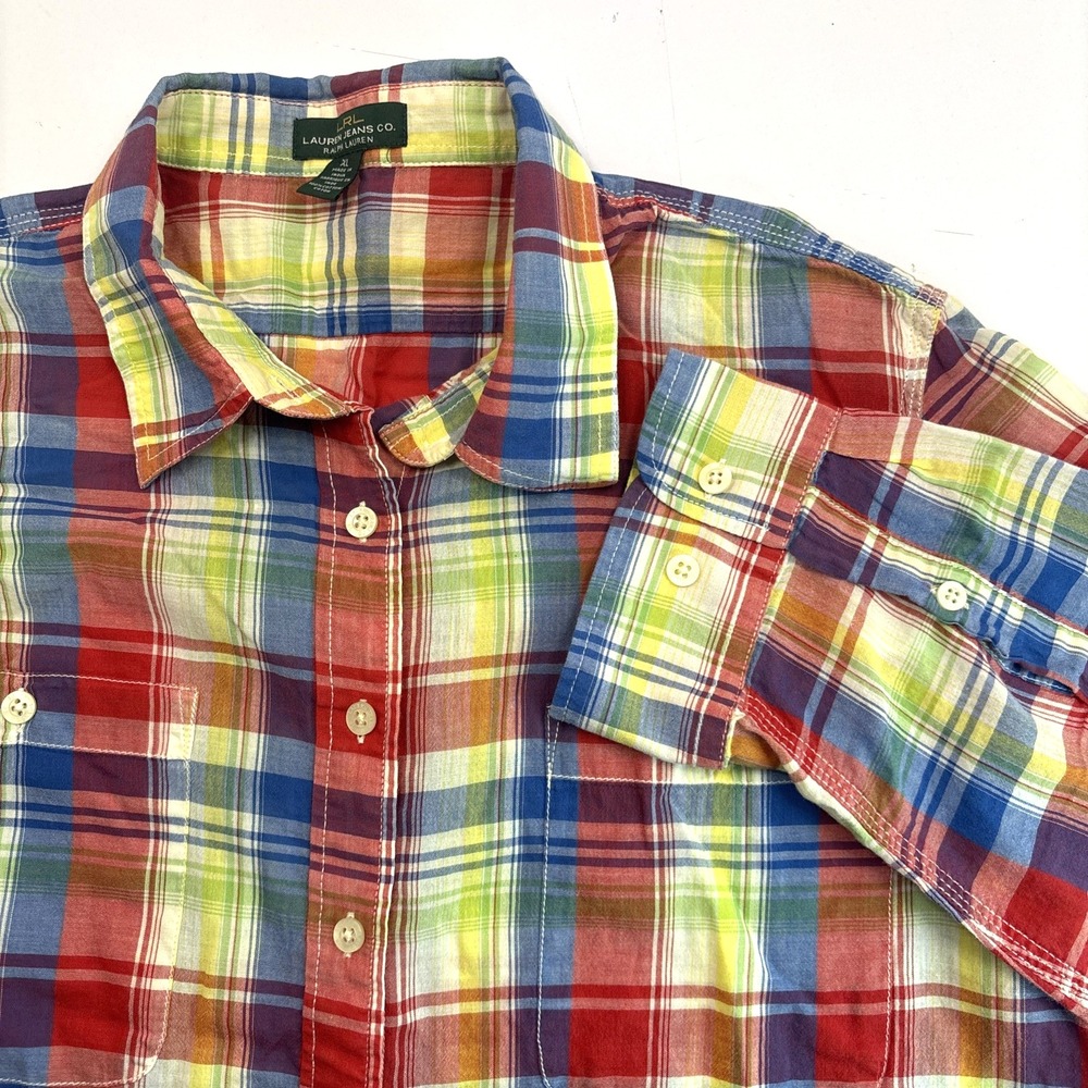LRL Lauren Jeans Co Ralph Lauren Womens XL Summer Plaid Roll Tab Sleeve Shirt